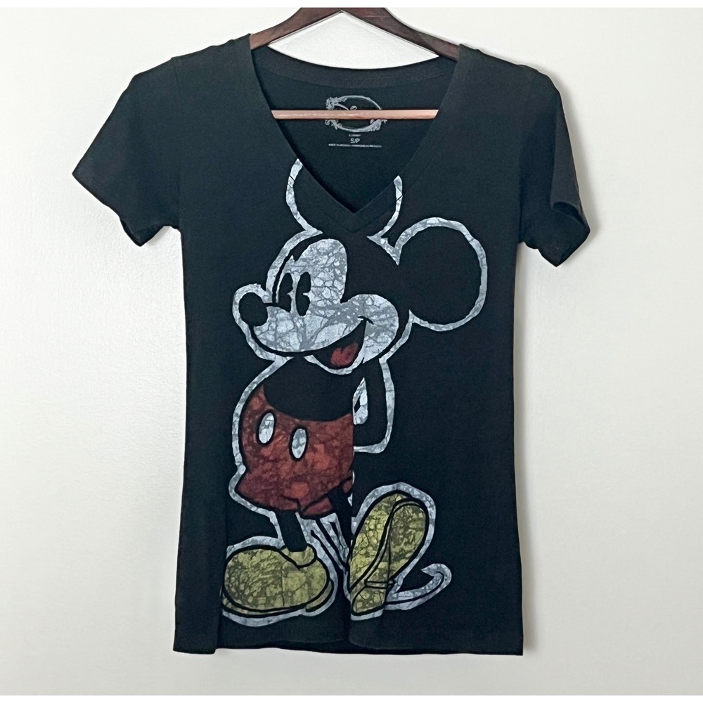 Disney Mickey Mouse Graphic T-Shirt Womens Small Black V-Neck Short Sleeve Tee